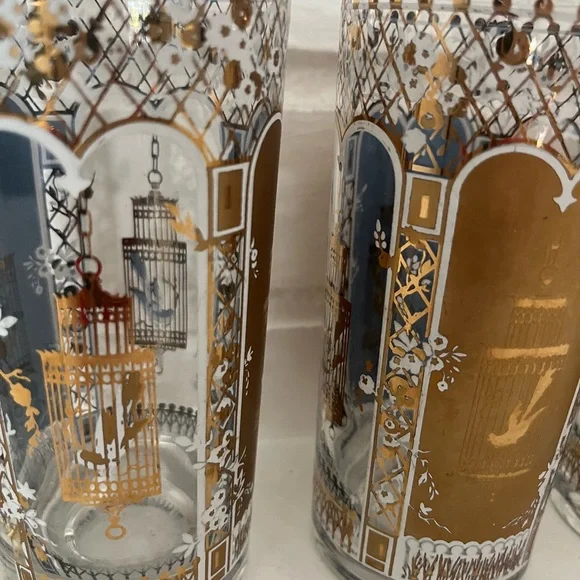 Vintage MCM 22 Karat Gold Rocks Glasses Blue Birdcage Set of 4 Georges Briard - Picture 12 of 14